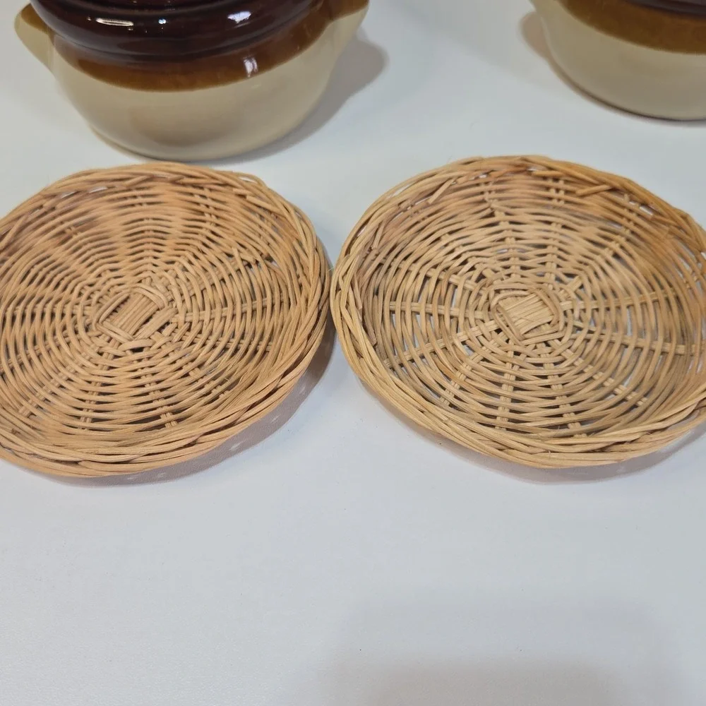 2 Vtg Stoneware Crocks French Onion Soup Bowls & Lids Brown Tan Beans USA Mats